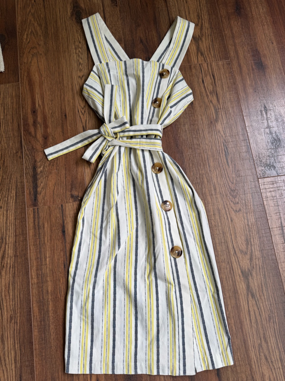 Tommy Hilfiger Yellow, White & Gray Striped Midi Sundress with Waist Tie - Picture 5 of 7